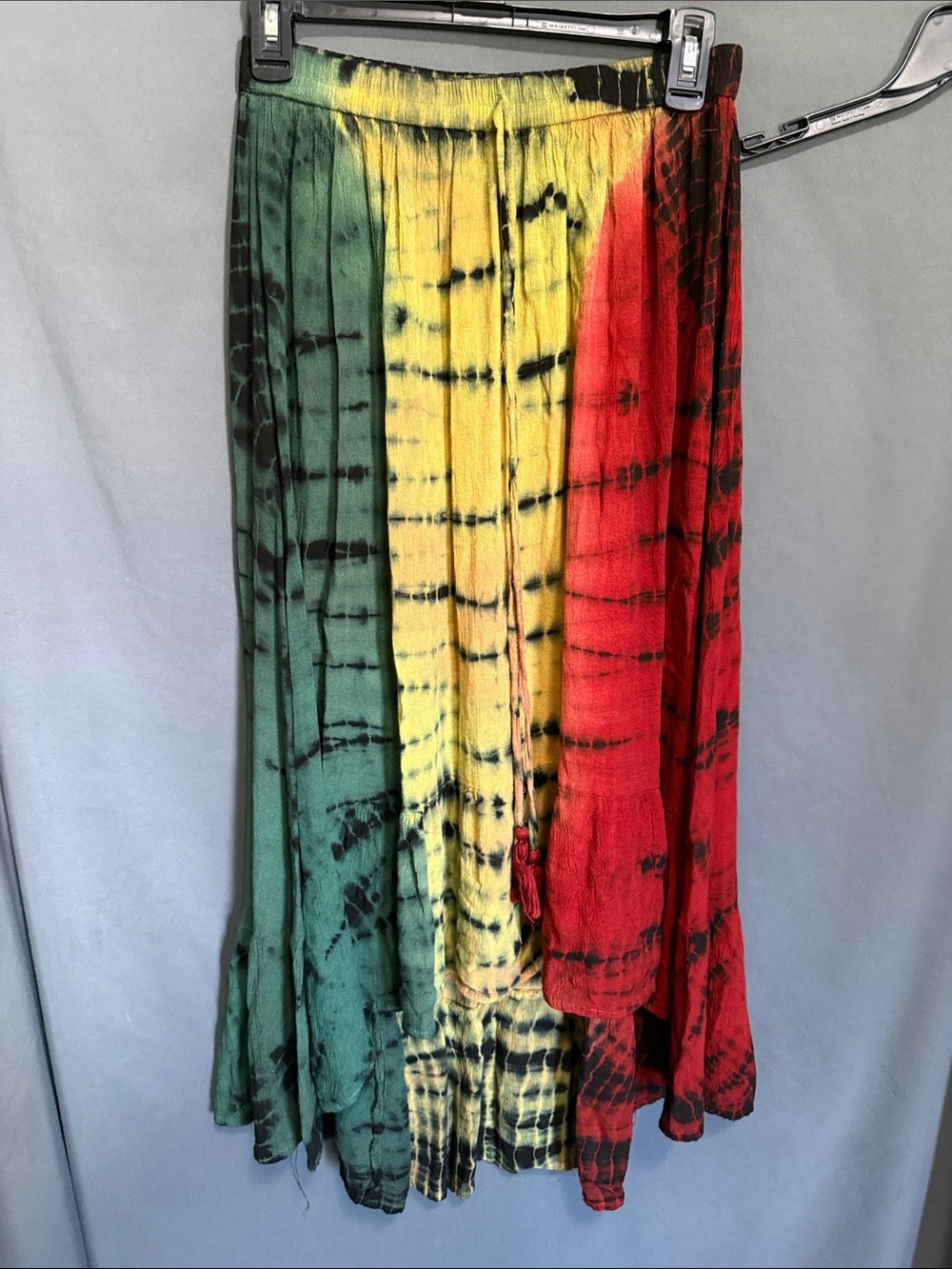 Boho Tie-Dye Maxi Skirt in Green, Yellow & Red